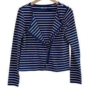 Stylus Navy White Stripe Asymmetrical Zip Moto Cotton Long Sleeve Shirt XS